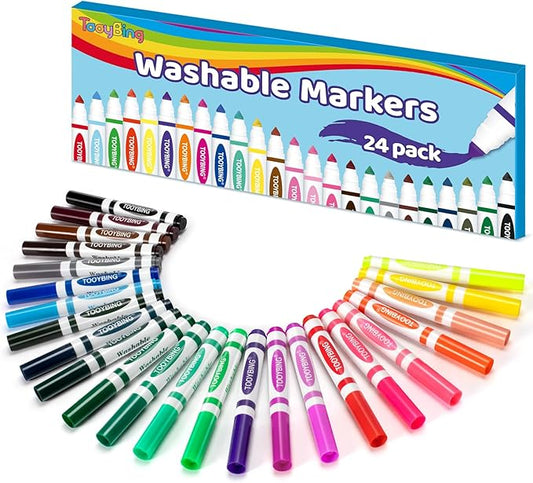 24 Color Washable Markers, Colored Washable Markers for Kids, Broad Tip Durable for Coloring Book, Back to Classroom Art School Supplies for Students Teachers Children