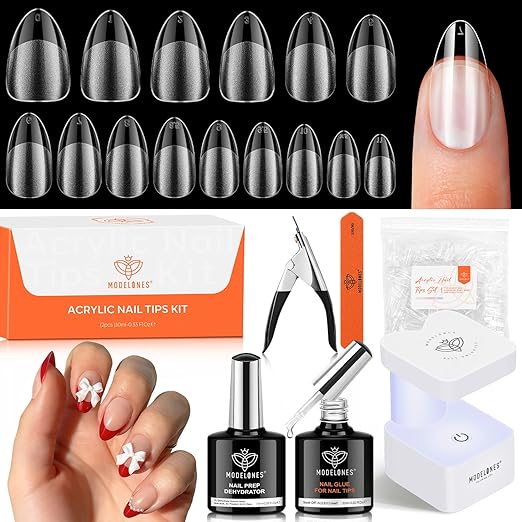 modelonesX Nail Gel Kit,15Sizes Pre-shaped Gel Nail Tips Short Almond Shape, 9-in-One Glue Prep Dehydrator & Portable Led Lamp, 510Pcs Press On Extension Kit Gift for Women