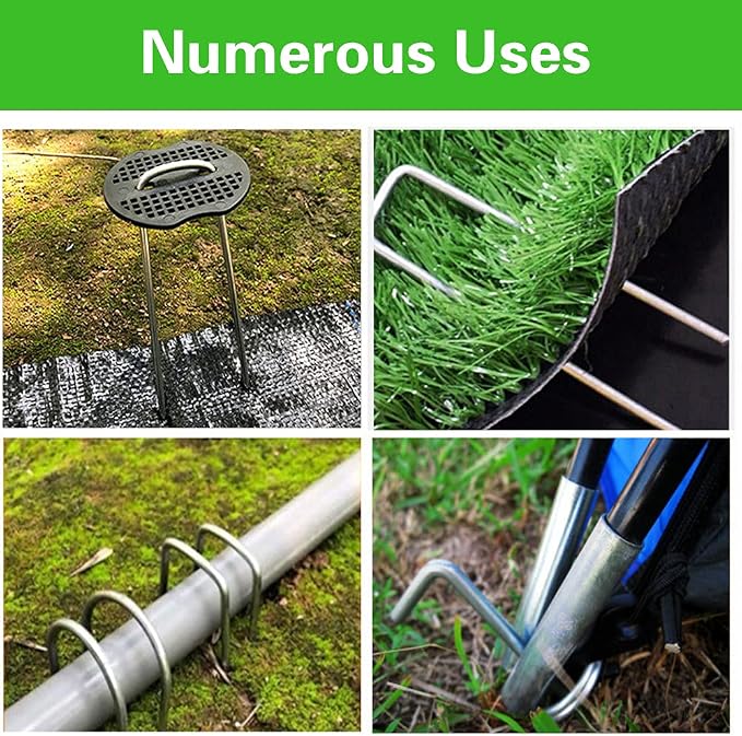 100Pcs Garden Stakes Staples + 100Pcs Gasket, Bakulyor 6 Inch Lawn Landscape Staples 11 Gauge U Shaped Galvanized Landscape Pins, Heavy Duty Yard Ground Pin for Weed Barrier Sod Fabric Decorations