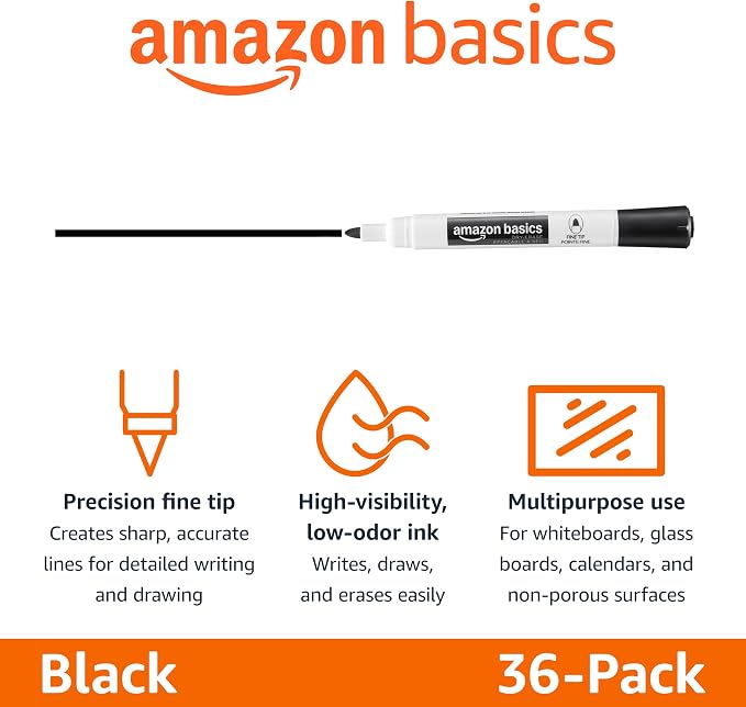 Amazon Basics Low-Odor Dry Erase Whiteboard Markers, Fine Tip, Quick-Dry, Black, 36-Pack