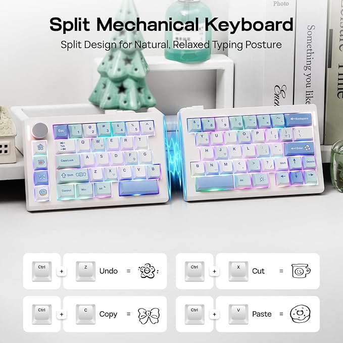 EPOMAKER Split70 Wireless Ergonomic Keyboard with QMK/VIA and Knob, Mechanical Gaming Keyboard with RGB, Hot-Swap, Creamy Linear Switch, PBT Keycap, Mac Modifier, Gasket, 70% Split Layout (White)