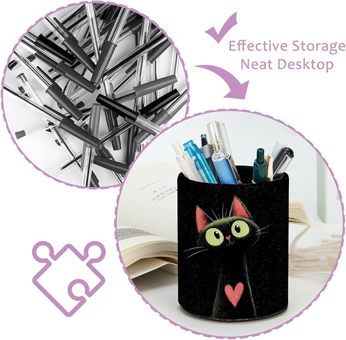 Leather Pen Holder for Desk, Cat Heart Pencil Cup Pen Organizer Makeup Brush Holder for Office Home Kids Countertop Desk Accessory Storage