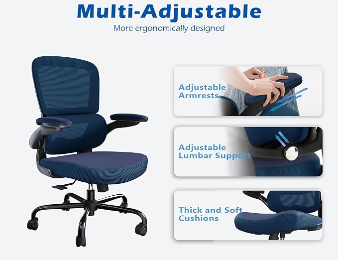 TRALT Ergonomic Office Chair Desk Chair with Adjustable Lumbar Support | Desk Chair Comfy with Flip-up Armrests Ergonomic Chair - Mesh Computer Chairs for Adults, 330lbs, PU Leather (Navy Blue, 1)