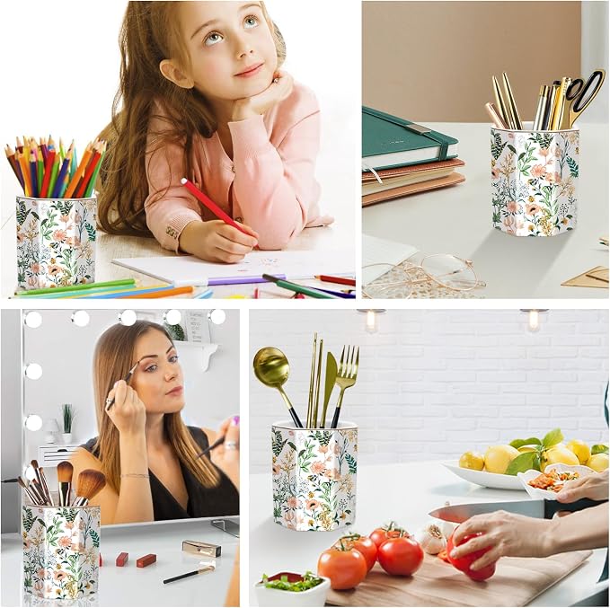 Cute Ceramic Pen Holder for Desk, Pencil Cup Pot, Makeup Brush Holders, Desk Accessories & Workspace Organizers for Home, Office, White Flower