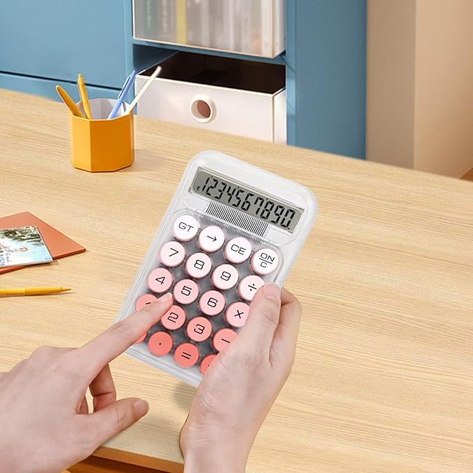 Cute Calculator, Mechanical Switch Calculator, Calculators Desktop 10 Digits, Desk Calculators with Big Buttons and LCD Display, Battery Power,Ideal for School Home Office Basic(Pink)