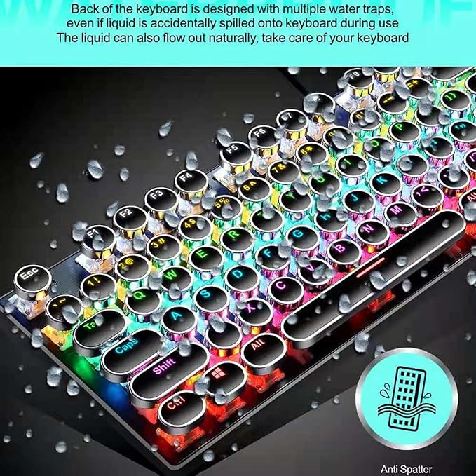 Mechanical Gaming Keyboard,87 Key Retro Punk Typewriter-Style,Blue Switch Rainbow Backlit Keyboard,Anti-Ghosting, USB Wired, for PC Laptop Desktop Computer, for Game and Office (Black)