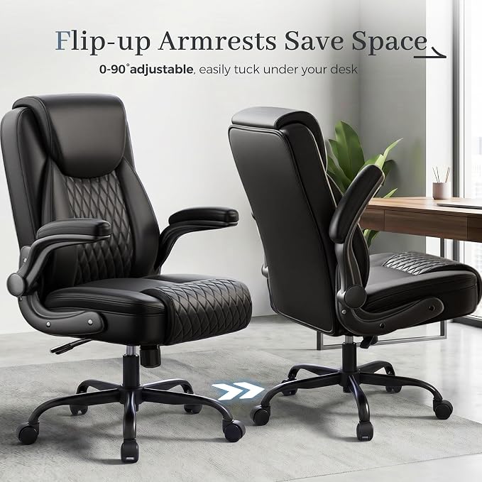 GTPOFFICE Executive Office Chair with Comfortable Lumbar Support, Ergonomic Gaming Chair with Flip-up Armrests & Zoned Pressure-Relief Cushion, Comfy PU Leather Desk Chair, Black