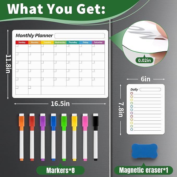 FINDMAG Fridge Calendar, Magnetic Calendar for Refrigerator, 4 Pack, White | Fridge Whiteboard for Family Schedules, Meal Plans, Grocery Lists, Reminders, and Updates(1 Eraser, 8 Markers)