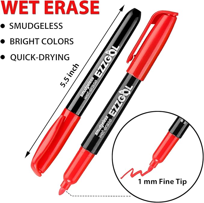 12-Color Bullet Tip Wet Erase Markers for Transparency, Whiteboards, Glass and More - Wipe with Water