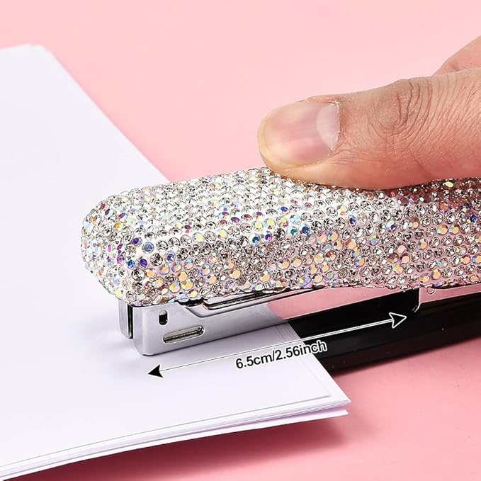 Bling Rhinestone Stapler, Sparkly Diamond Staplers, Cute Desk Stapler for Women & Girls, Bling Crystal Machine Pretty Office Stationery Kit (Clear with AB Color Plated, Large)