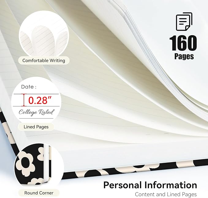 Lined Spiral Journal Notebook for Work A5, 160 Pages,Black and White Flower | College Ruled Spiral Journal for Women, Hardcover with Elegant Design for Note-Taking, 5.5 * 8.25 inch