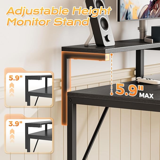55.1 Inch Gaming Desk with LED Lights & Power Outlets | Computer Desk with Drawer & Storage Shelves, Office Writing Desk with Monitor Stand for Work from Home, Black