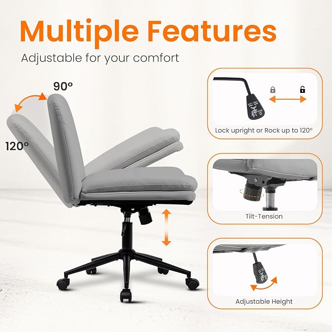NEO CHAIR Criss Cross Chair with Wheels Armless Cross Legged Office Desk Wide Comfy Vanity Makeup Chair Adjustable Swivel Rolling Computer for Home Office PU Leather (Grey) | Cross-Legged Friendly, Height Adjustable with 360° Swivel, Smooth Rolling Whe...