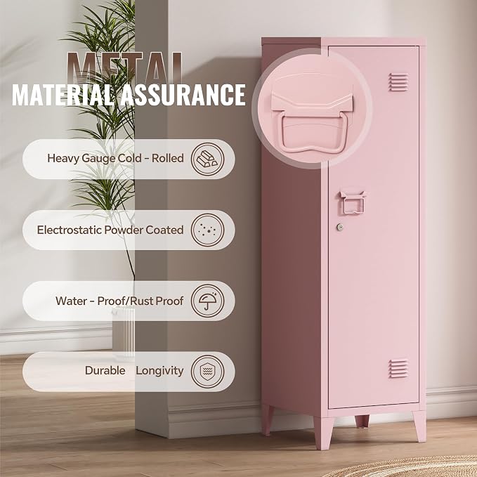 Locker Cabinet, 50" Pink Small Metal Locker Storage Cabinet for Employees with Locking Door and 2 Shelves Kids Locker Tool File Cabinets for Bedroom, Home Office, Garage, Bathroom