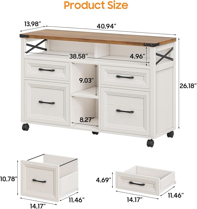 Halitaa Farmhouse Filing Cabinet with Adjustable Shelf & Wheels, Off White | Lateral File Cabinets, Office Storage Cabinet with 4 Drawers, Open Storage Space, for Hanging Files A4/Letter for Home Office