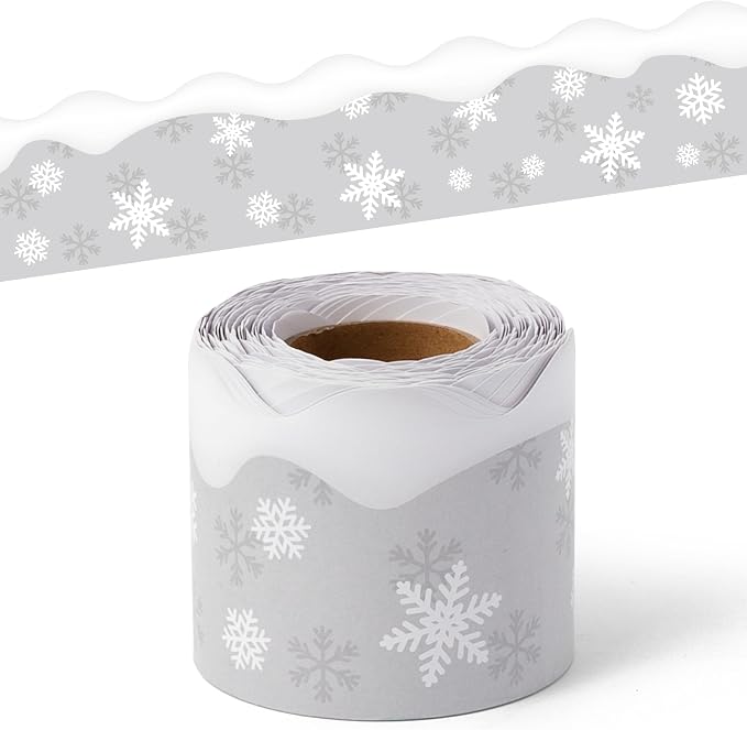 BeYumi Winter Snowflake Border Trim - 65ft Winter Christmas Gray Snowflake Scalloped Rolled Border Trim Xmas Snowflakes Themed Bulletin Board Borders School Classroom Office Chalkboard Party Decor