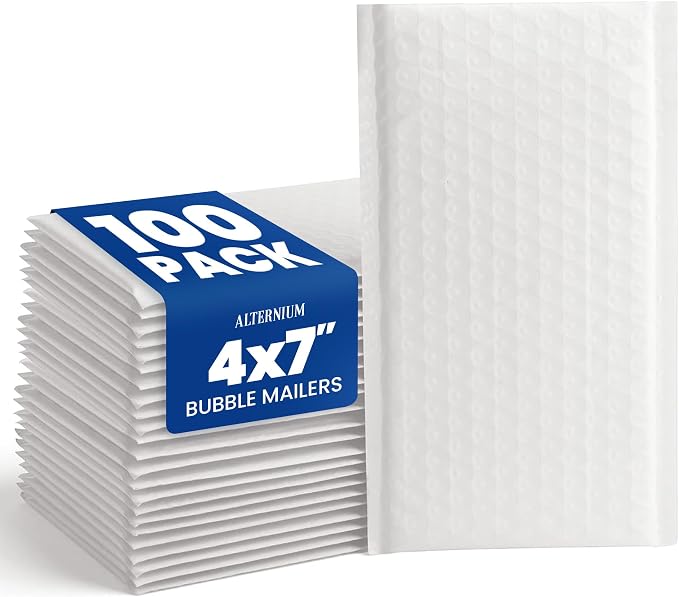 ALTERNIUM Bubble Mailers 4x7 Inch, 100-pack – Small Padded Shipping Envelopes, Self Seal Poly Bubble Mailers, Waterproof Lightweight Mailers for Jewelry, Trading Cards & Small Business - White