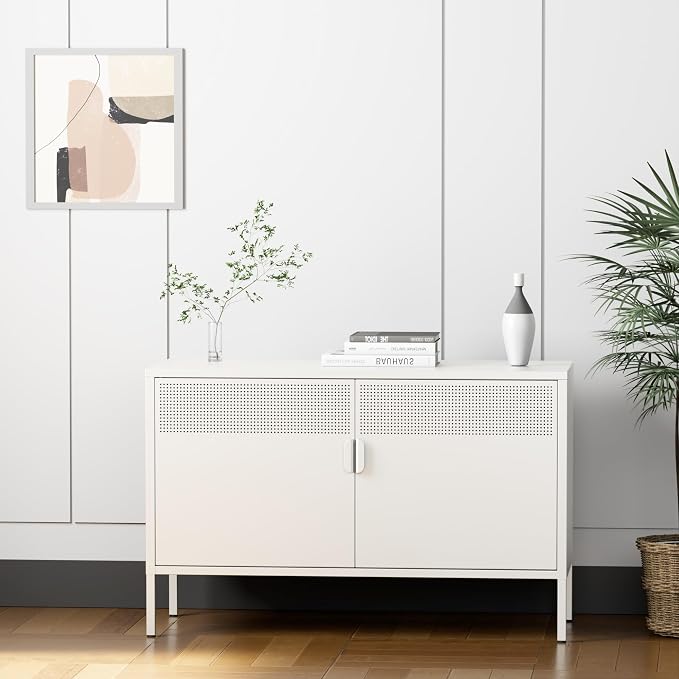 Washsemba 2 Door Storage Sideboard, Metal Storage Cabinet with 2 Adjustable Shelf,Multipurpose Metal Accent Cabinet for Office Home,Music Studio (White, 25''H)