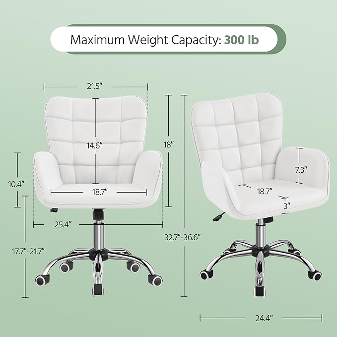 Yaheetech Modern Faux Leather Office Chair Ergonomic Adjustable Makeup Chair with Padded Armrests Big Seat for Office, Bedroom, Living Room, White
