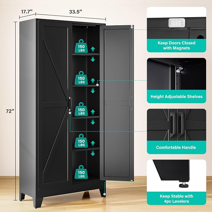Wide & Deep Pantry Storage Cabinets with 2 Doors and 5 Shelves,Tall Storage Cabinet,Large Cupboard Closet,Farmhouse Storage Cabinet for Home,Kitchen,Dining/Living Room (Black, 72" H)