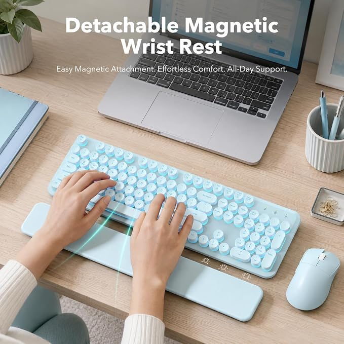 Rechargeable Backlit Wireless Keyboard and Mouse Combo, Retro Round Keycaps, Light Up Letters, Magnetic Wrist Rest, 2.4GHz Cordless for Mac Windows PC Laptop, Glowing Dusty Blue