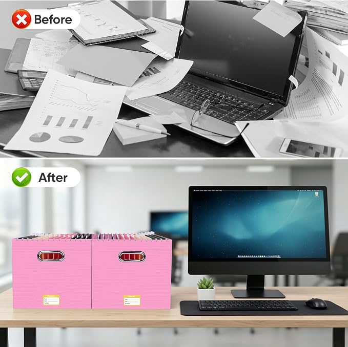 BALEINE File Organizer Box, Cardboard File Folder Organizer with Handle for Letter Size, Portable Collapsible Hanging Filing Box for Home Office Document Storage (4 Pack, Large Pink)