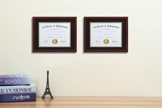 ELSKER&HOME 8.5x11 Certificate Frame - Classic Coffee Color Frame - Displays Diploma 8.5x11 Inch with Mat - 11x14 Inch Without Mat - For Document/Photo (2 Pack, Matte Black with Gold Rim)