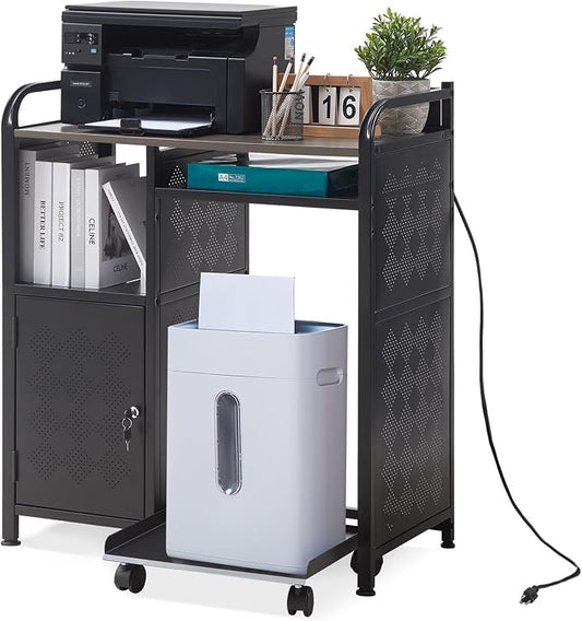 Lauren&Harold Large Printer Stand with Storage and Outlet for Home Office | Printer Stand with Paper Shredder Stand & PC Tower Stand with Wheels, Printer Table Cart with File Cabinet and Storage Shelf