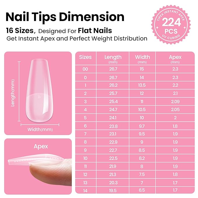 Beetles Tipex Instant Apex Nail Tips Kit with Dehydrator & Primer, Medium Coffin, 224PCS 16 Sizes, Reinforced Apex for Strong Long-Lasting Wear, 20g Solid Nail Glue, Mini UV Lamp, Base & Top Coat