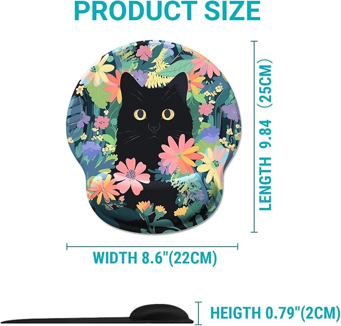 Hancynir Flower Black Cat Ergonomic Mouse Pad with Wrist Support Desk Decor | Gel Mouse Pads Wrist Rest, Cute Funny Comfortable Computer Mousepad, for Gaming Laptop Work Home Accessories Office Supplies