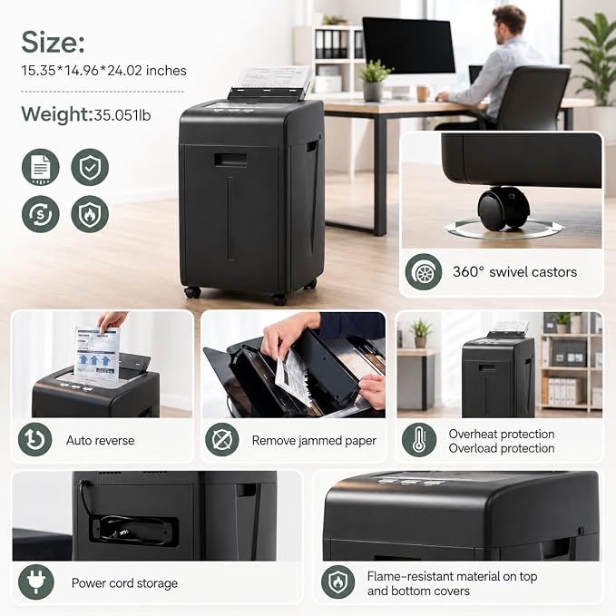 Paper Shredder Heavy Duty 200 Sheet Auto Feed P-5 Micro Cut | 60 Min Run Time Paper Shredder with 35L Pullout Bin/Credit Cards/CDs/Home Office and Small Business Use