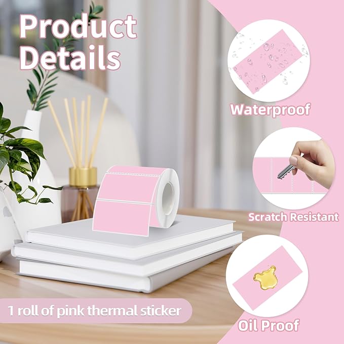 Starboling 2x1 Thermal Labels,Address Barcode Self-Adhesive Thermal Printer Stickers for Logo Design,Name/Price Tag,Address（Pink）