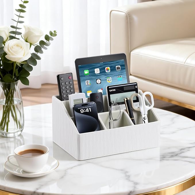 PU Leather Desk Organizer, Remote Control Holder, Ivory | Luxury Nightstand Organizer for Home, Office Desk Accessories, Bedside Table Caddy with 5 Compartments, Velvet Lining