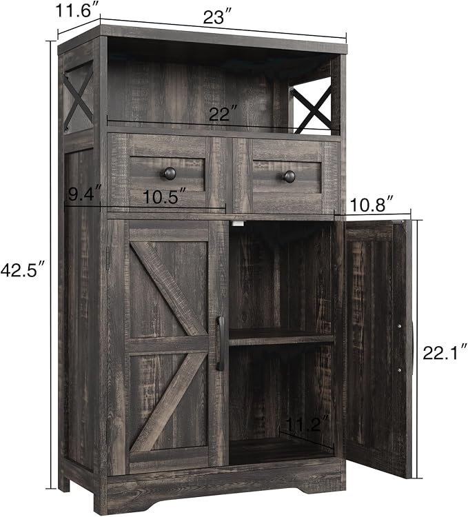 Farmhouse Accent Storage Cabinet with Drawers, Small Kitchen Pantry Cabinet | Coffee Bar Cabinet Cupboard, 2 Storage Drawers, 2 Barn Doors & Adjustable Shelves, for Kitchen/Entryway/Living Room/Bathroom