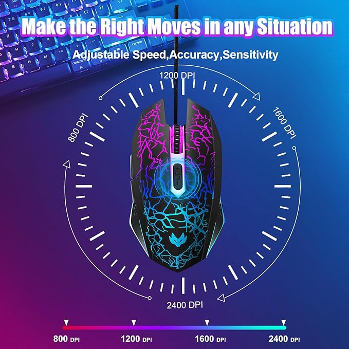 Wired Gaming Mouse, 4-Color LED Light Computer Mouse, Ergonomic Mouse with 6 Silent Click Buttons, 3 Adjustable 2400 DPI USB Wired Mouse for Laptop, PC, Mac, Black