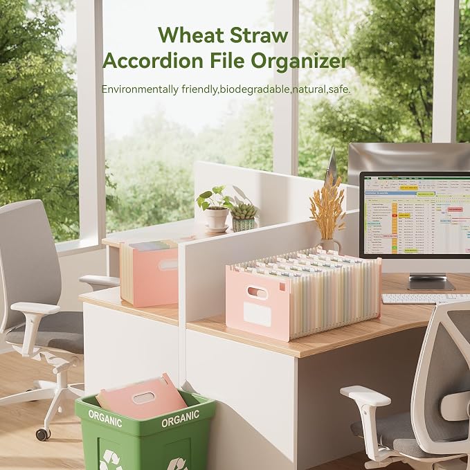 EcoStash 26 Pockets Accordion File Organizer, Upright&Open Top | Wheat Straw, 100% BPA Free, A-Z Bill Receipt Organizer, Letter/A4 Size for School Home Office Hospital - Strawberry Pink