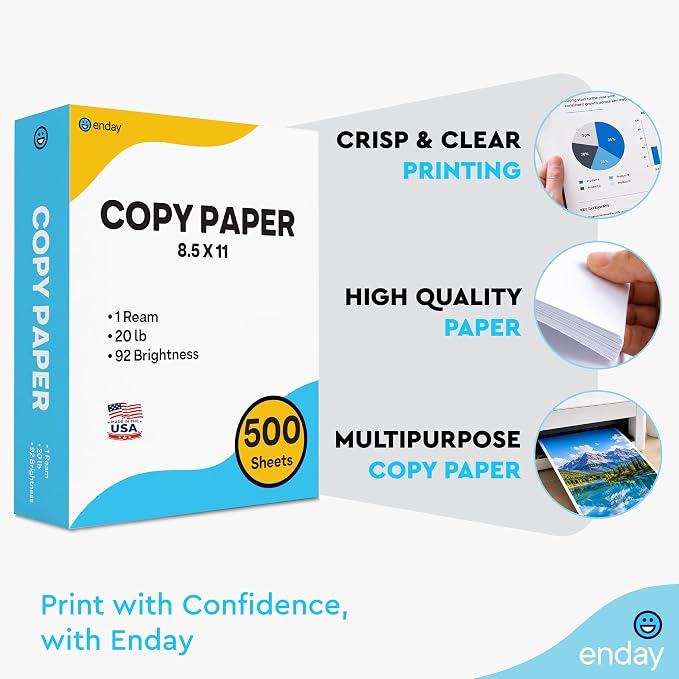 Printer Paper - 8.5 x 11 White Letter Size Copy Paper, (1 Ream 500 Sheets) 20 lb, Standard Copy Paper for Printing, Drawing & Writing, Computer Paper Office Supplies, By Enday