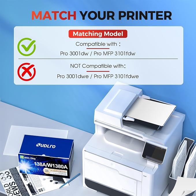 138A W1380A Black Toner Cartridge (with Chip) - W1380A 138X | Replacement for HP 138A W1380X Toner Cartridge Work for HP Pro 3001dw 3001fdw MFP 3101fdw Series Printer Ink ( 2-Pack )