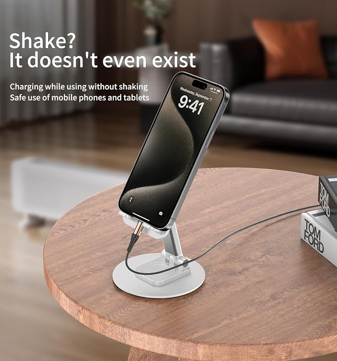 360° Rotating Cell Phone Stand for Desk (White, K39B) | Adjustable & Foldable Phone Holder, Aluminum Desktop Phone Stand with Anti-Slip Base, Phone Holder for Desk
