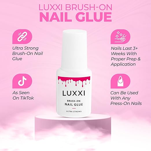LUXXI Brush On Nail Glue for Press On Nails - Precision Applicator, Quick Air Dry Adhesive for Nail Tips, Artificial & Acrylic, Long Wear Hold, No Uv Lamp Needed | Pink Gel - 0.24oz