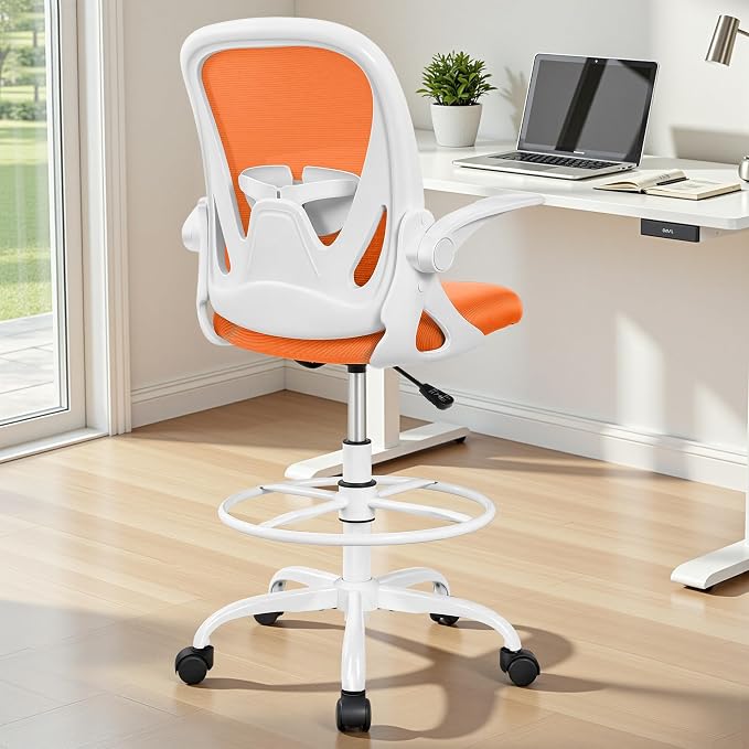 Drafting Chair Tall Office Chair with Flip-up Armrests Executive Ergonomic Computer Standing Desk Chair with Lumbar Support and Adjustable Footrest Ring (Sunset Orange)