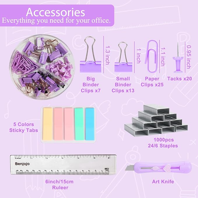 Purple Desk Accessories Set for Women, Stapler and Tape Dispenser Set with Scissor, Staple Remover, Clips & Tabs, Cute Office Supplies Kit for Desk Organization, School, Home & Office, Gift Idea