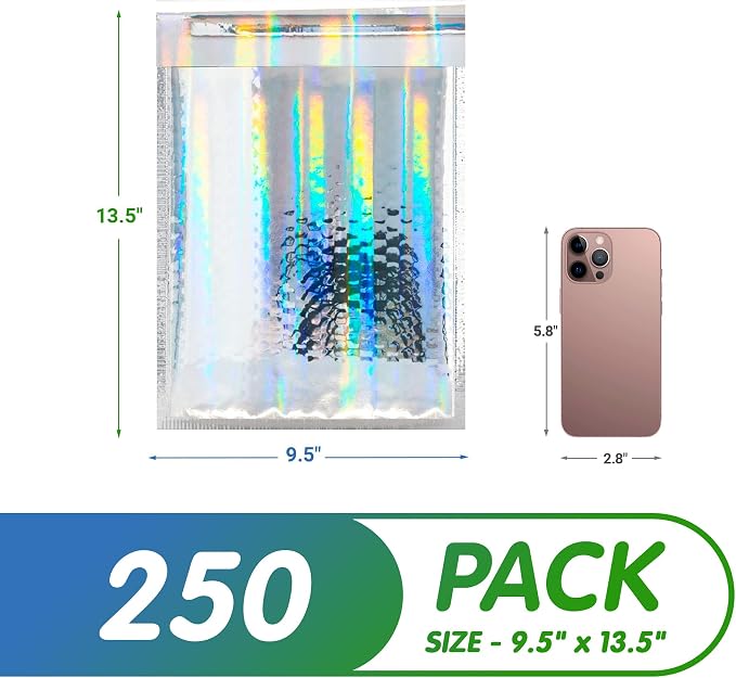Glamour Metallic Bubble Mailers 10,5 x 11 Inches Hologram, 250 Pack Padded Envelopes for Shipping, Mailing, Packaging Protection