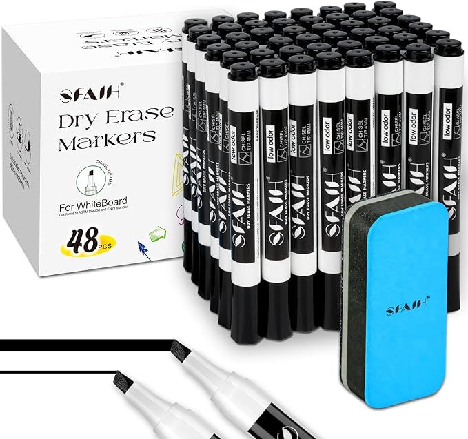 SFAIH Dry Erase Markers Chisel Tip with Magnetic Whiteboard Eraser, 48 Bulk Pack Black White Board Markers for Teachers, Versatile Lines, 1s Quickly Dry, Essential Supplies for Office Teacher