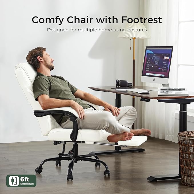 Office Chair, Big and Tall Office Chair with Foot Rest Ergonomic Chair Home Office Desk Chairs Reclining High Back Leather Chair with Lumbar Support(White)