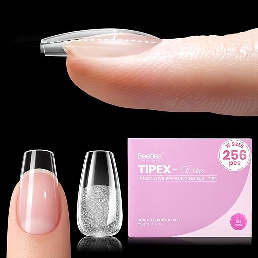 Beetles Tipex Lite Pre-Built Apex Gel Nail Tips, Coffin Short, 256pcs Value Pack, 16 Sizes, Flat-Nail Friendly Acrylic Tips for Natural Nail Beds, Easy for Beginner DIY