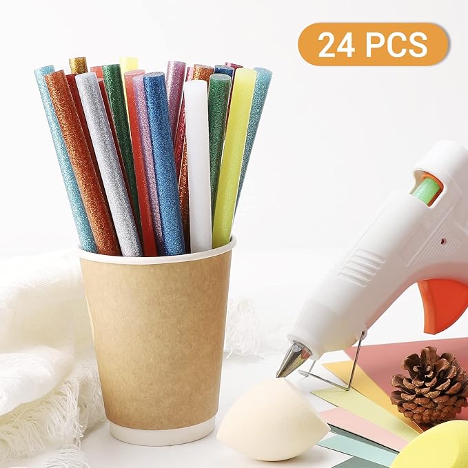 Glitter Hot Glue Sticks Full Size, Manarty 8" Long x 0.43" Dia Color Hot Melt Glue Sticks Bulk, Craft Adhesive Waxing Sticks Standard for Cards, Sealing, Holiday Decoration, Art, DIY, Stamp, 24 PCS
