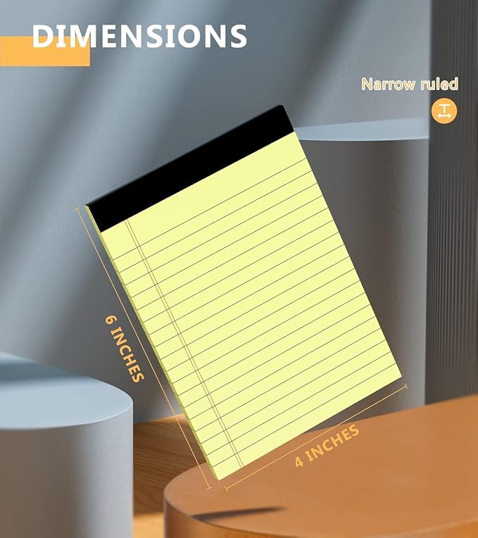 Yellow Legal Pads 4x6, 8 Pack, Narrow Ruled, Perforated,30 Sheets per Pad | Small Thick Paper, Ink Bleed Resistant, Smooth Writing Durable Cardboard Back, Easy Tear-Off Pages，Double-Sided,Pocket Size