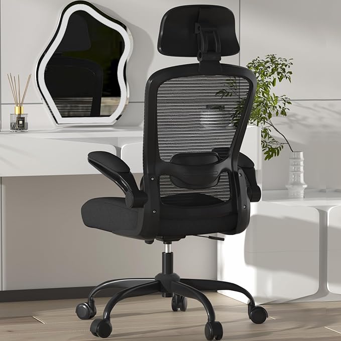 Mimoglad Office Chair, High Back Ergonomic Desk Chair with Adjustable Lumbar Support and Headrest, with flip-up Armrests for Guitar Playing, 5 Years Warranty (Modern, Black(Black Frame))