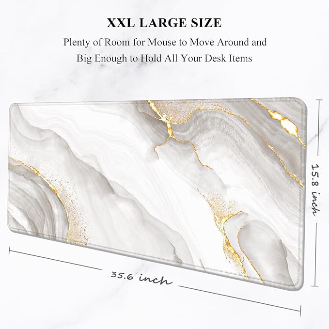 Auhoahsil Large Mouse Pad, XXL Gaming Mousepad, Desk Mat for Desktop, Thick Rubber, Big & Long Size, Stitched Edges, Full Desk Pad for Laptop & Computer, Extended 35.4 x 15.7 in, Gold Gray Marble